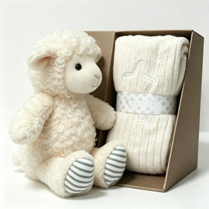 Customized neutral baby gift <b>box</b> with sheep stuffed toy & star knit <b>blanket</b>,curly lamb plush and knitted <b>blanket</b> gift set - Product Image 1