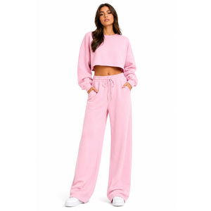 Conjunto de Sudadera Corta Oversize Rosa para Mujer y Pantalón de Pierna Ancha, con Cuello Redondo, Hombros Caídos, de Forro Polar, Corte Holgado, Personalizado, de Moda, para Otoño - Product Image 1