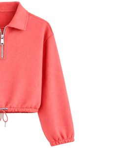 Sudadera Corta Rosa Coral Personalizada para Mujer con Cierre de Cremallera, Estilo Casual, con Cordón Ajustable en el Bajo, de Felpa Suave, Algodón y Poliéster, para Invierno - Product Image 3