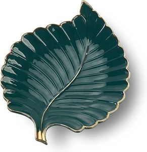Metal Leaf Shaped <b>Decorative</b> <b>Plate</b> Green with Gold Rim Modern Design Durable Color Enamel for Food Serving - Product Image 1