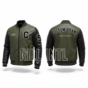 Blouson universitaire personnalisé pour homme en PU, vert et noir, avec manches en cuir, imprimé lettres, fermeture éclair sur le devant, logo au dos, style preppy, automne - Product Image 1