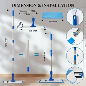 Mop Piatto in Microfibra 17.5 con Manico in Acciaio Inox 58 Blu per Pulizia Pavimenti 4 Cuscinetti Sostituibili Riutilizzabili e Lavabili - Product Image 2