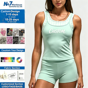 Conjunto de yoga de dos piezas para mujer, personalizado, verde menta, con ribete de guinga, tirantes finos, cuello redondo, transpirable, conjunto de pantalones cortos deportivos - Product Image 5