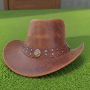 Premium Quality custom made Handmade Brown Leather Cowboy <b>Hat</b> Rustic Western Studded Concho <b>Band</b> Outdoor Style - Product Image 5