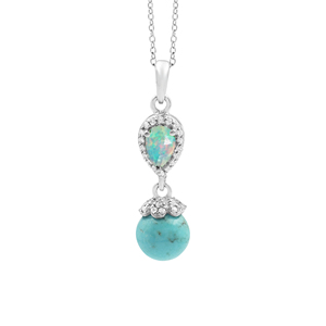 New 925 Sterling Silver <b>Opal</b> & Turquoise Stone Fine Pendant <b>Necklace</b> Rhodium Plated Women's Classic Drop Style Box Chain Jewelry - Product Image 1