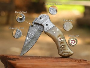 Couteau utilitaire pliant en acier Damas, lame pointue, manche en bois de cerf, étui de transport vertical, couteau de poche EDC pour la chasse et le camping, support ODM - Product Image 6