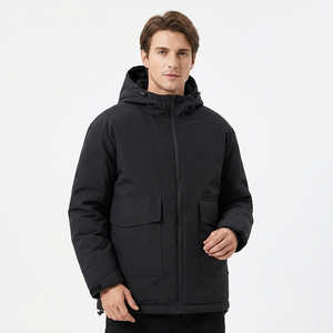 Men's Black Hooded Jacket Zipper Closure Windproof Casual <b>Winter</b> Coat Loose Fit Polyester Wadding Regular Length - Product Image 3
