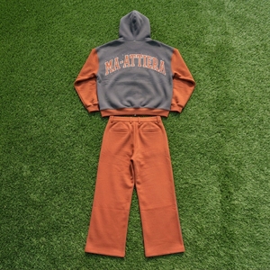 Conjunto Deportivo para Hombre en Gris Oscuro y Naranja Oxidado con Bloques de Color, Sudadera con Capucha y Cremallera, Estampado de Letras y Pantalones de Pierna Ancha - Product Image 6