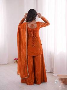 Traditional Indian Pakistani <b>Women's</b> Orange Embroidered <b>Kurta</b> Set With Dupatta Loose Fit Floor-Length Ethnic Wear - Product Image 6