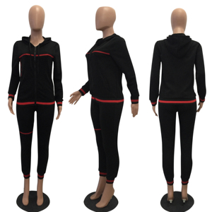Ensemble sportif 2 pièces noir pour femme, haut à manches longues avec fermeture éclair, leggings taille haute, couleur unie, tricoté en spandex et polyester, toutes saisons - Product Image 5