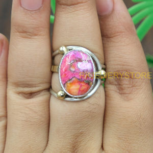 Pink Spiny Oyster Copper Turquoise <b>Ring</b> 925 Sterling Silver & Brass Handmade <b>Statement</b> <b>Ring</b> Boho Artisan Gemstone Jewelry Unisex - Product Image 3