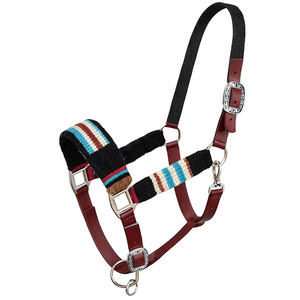 Cabestro Ajustable para Caballo Western de Cuero Marrón con Cabezalera de Nylon Negro con Cuentas - Product Image 1