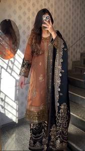 Robe de soirée et de mariage longue en nylon sergé marron brodé avec dupatta noir pour femme, infroissable et anti-UV - Product Image 2