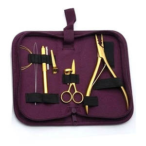 Kit d'outils professionnels pour extensions de cheveux avec pinces métalliques plaquées or, ciseaux, aiguilles, crochets et clips pour l'installation et le retrait - Product Image 1
