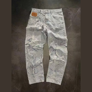 Jean baggy vintage coupe droite noir et blanc délavé à l'acide pour homme, motif ange imprimé surdimensionné, denim hip-hop hiver - Product Image 5