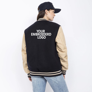New Letterman Women's Varsity <b>Jacket</b> Black Beige Contrast Color Full Sleeve Turn-down Collar Autumn Wear - Product Image 2