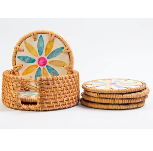 Modern Handmade Creative Woven Rattan <b>tea</b> <b>Coaster</b> With Elegant MOP Flower Pattern <b>Tea</b>/Water/Coffee/Juice Glass & Cup <b>Coaster</b> - Product Image 2