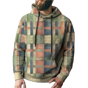 Sweat-shirt à capuche vintage pour homme, imprimé patchwork à carreaux, tricoté en blocs, graphique, faible MOQ, vente en gros - Product Image 1