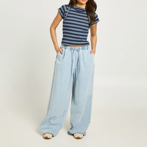 Cotton Casual Full Length Loose Fit Denim Pants High Waist Wide Leg Plus Size <b>Women's</b> <b>Jeans</b> Light Blue Stonewashed Denim Pants - Product Image 5