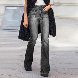 Pantalon évasé tendance Muzamin pour femme, taille mi-haute, coupe classique, jean bleu pleine longueur avec poches, style vintage urbain - Product Image 6