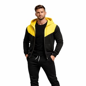 ชุดวอร์มมีฮู้ดสีดำเหลืองสำหรับผู้ชาย ทรงสลิมฟิต แจ็คเก็ตซิป กางเกงจ็อกเกอร์ ชุดกีฬาลำลอง ชุดออกกำลังกาย - Product Image 1