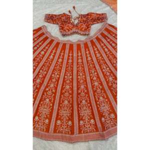 Hermoso Lehenga Choli de Chifón Naranja de FB Designer con Lentejuelas y Bordado en Material de Organza, Talla M - Product Image 1