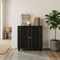Meuble buffet d'entrée vintage français noir à 2 portes avec ligne ondulée dorée en bois massif, meuble de rangement