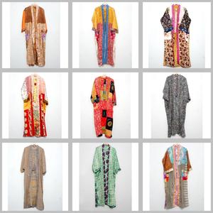 Indian 100% <b>Silk</b> Kimono Patchwork Boho Kimono Robe Long Beach Cover up Summer <b>Cardigan</b> Bathrobe - Product Image 1