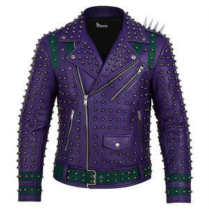 Blouson de moto punk rock pour homme en cuir véritable respirant, fait main, style urbain, matelassé, col montant, vente en gros - Product Image 5