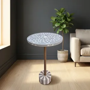 <b>Round</b> Gray <b>Wood</b> Side <b>Table</b> with Floral Bone Inlay Top Brass Metal Pedestal and Decorative Base Modern Accent Furniture - Product Image 4