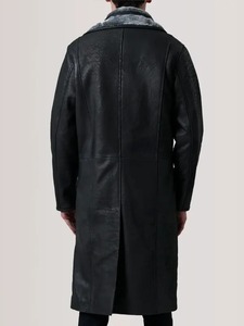 <b>Mens</b> Distressed Black <b>Shearling</b> Leather Coat - Product Image 3