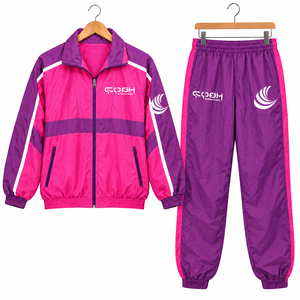 Unisex Tracksuit Set Pink Purple Color Block Sporty Full <b>Zip</b> Windbreaker <b>Joggers</b> <b>with</b> Side <b>Pockets</b> and Logo Print - Product Image 2