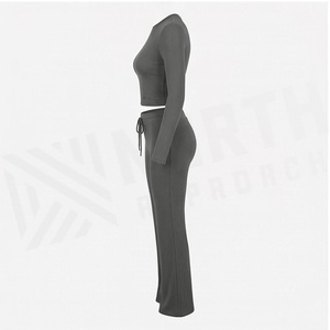North Approach 2 Piece Yoga Set Crew Neck Crop <b>Top</b> Full Length High Waist Drawstring Solid Gray <b>Sweat</b> Wicking Sportswear - Product Image 3