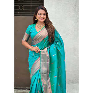 Sari en soie Paithani traditionnel Elite Weaves Aqua Blue Yeola, robe de soirée tissée double Zari, 650g - Product Image 2