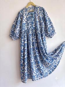 Best Quality Women Casual Maxi <b>Dress</b> 100% Cotton Blue Paisley Print Puff Sleeve O-Neck Loose Fit <b>Elastic</b> Waist Summer Daily Wear - Product Image 3