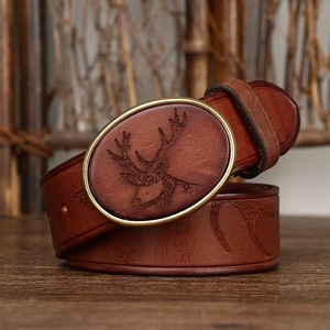 Nuevo Cinturón de Cuero Vacuno para Hombre con Hebilla Lisa Grabada con Láser Estilo Vintage y Hebilla de Cobre - Product Image 3