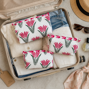 Premium Pink Tulip Print 3 Piece <b>Quilted</b> <b>Makeup</b> Pouch Set Cotton Cosmetic <b>Bags</b> for Women Travel Toiletry Organizer Zipper Gift S - Product Image 5