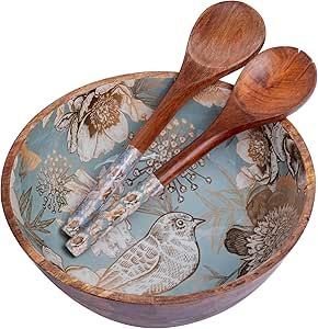 Tazón para Servir Hecho a Mano de Madera de Mango, con Diseño Floral Impreso Multicolor y Rayas, Tazón Redondo Decorativo de Madera para Ensaladas - Product Image 4
