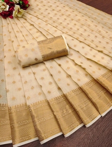 Sari Tradicional KV de Algodón y Seda Gadwal Tejido (Beige Dorado) - Ideal para Fiestas, Sin Arrugas y Reversible, de Secado Rápido, para Otoño - Product Image 3