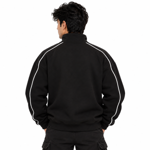 Men's Half Zip Pullover Sweatshirt Black Stand Collar Long Sleeve <b>Raglan</b> <b>Top</b> White Piping Relaxed Fit Streetwear Custom Logo USA - Product Image 2