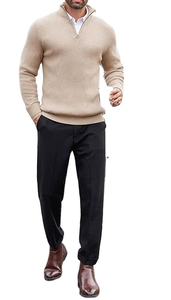 Pull tricoté en fibre de bambou beige pour homme, col zippé, couleur unie, décontracté, pour l'automne, à manches longues, côtelé, avec logo frontal - Product Image 4