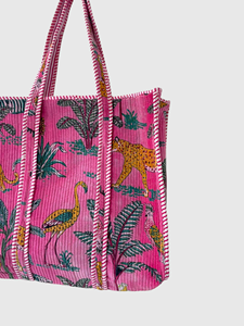 Sac fourre-tout rose en velours côtelé avec imprimé léopard et oiseaux, design brodé bohème, fermeture ouverte, sac de shopping pour femme toutes saisons - Product Image 5