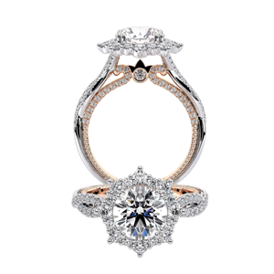 Anillo RAAMAA con Diamante Cultivado en Laboratorio de Corte Brillante, Diseño Floral con Halo, 75% de Diamantes, Base Infinita Bicolor en Oro 10k/14k/18k - Product Image 1
