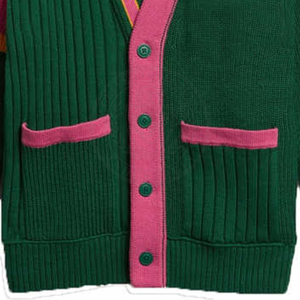 Cardigan en acrylique tricoté vert pour hommes et femmes, avec bordure rose rayée et broderie de lettres grecques, idéal pour toutes les saisons – Collection Fraternité et Sororité - Product Image 4