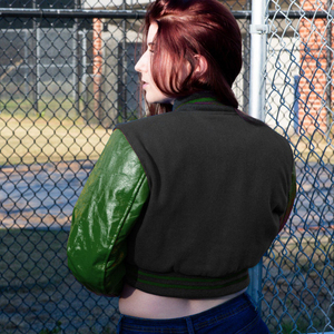 Chaqueta Corta Estilo Universitaria para Mujer, Negra y Verde, Estilo Bomber, Mangas de Cuero Sintético, Ropa Exterior Informal, Moda Femenina - Product Image 5