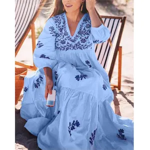 Bohemian Hippie Long Balloon Sleeve Floral Embroidered Elegant Maxi Dress Aqua Blue One Piece Beach Casual Wear Cover Up Gown