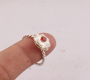 Artisan <b>Crafted</b> Red Coral Silver <b>Ring</b> Delicate Flower Petal Design Twisted Shank Bohemian Jewelry Custom Jewelry Manufactu - Product Image 4