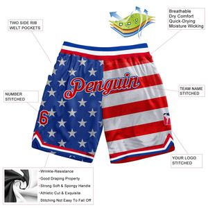 กางเกงบาสเก็ตบอลตาข่ายพิมพ์ลายธงชาติอเมริกา ลายดาวและลายทาง สไตล์สตรีทแวร์ สำหรับออกกำลังกาย เล่นกีฬา แฟชั่นทันสมัย รับผลิตแบบ OEM - Product Image 2