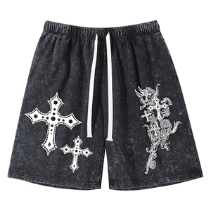 Pantalones Cortos de Algodón 100% con Cordón Ajustable, Logotipo Personalizado OEM de Fábrica, Bordado Gráfico de Alta Calidad, Dobladillos sin Rematar, Lavado Ácido y Pedrería - Product Image 1