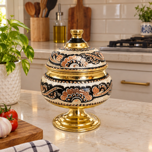 Pots à crème en laiton émaillé noir et or avec couvercle en dôme floral et base sur piédestal pour la décoration de table de luxe et les cadeaux en gros - Product Image 3